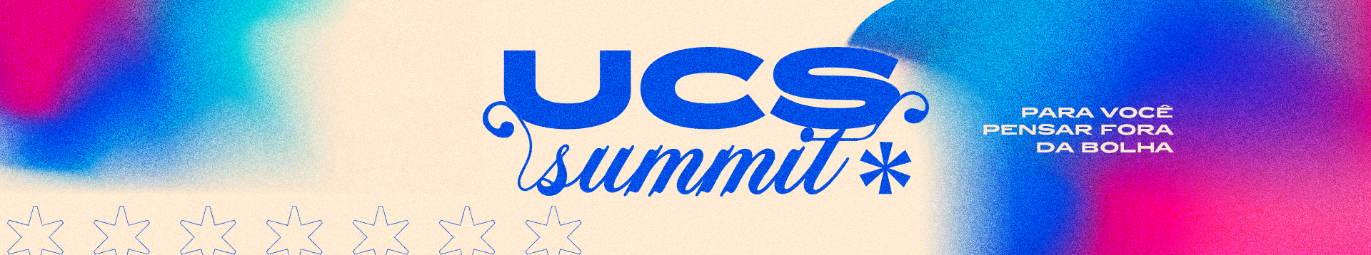 degradê rosa, azul e bege com a palavra em azul UCS Summit